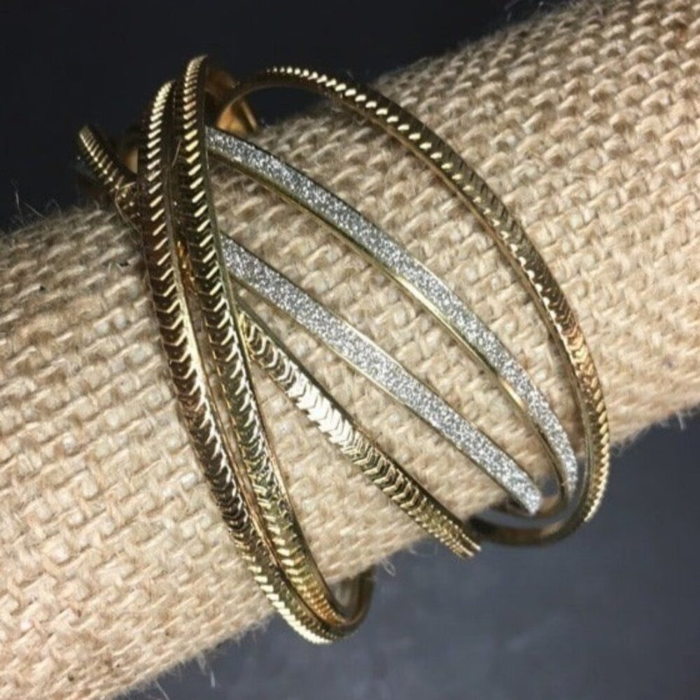 Bangle Bracelet Lot Of Six Gold Rhinestone Bling Glam BoHo Hippie Retro Exotic